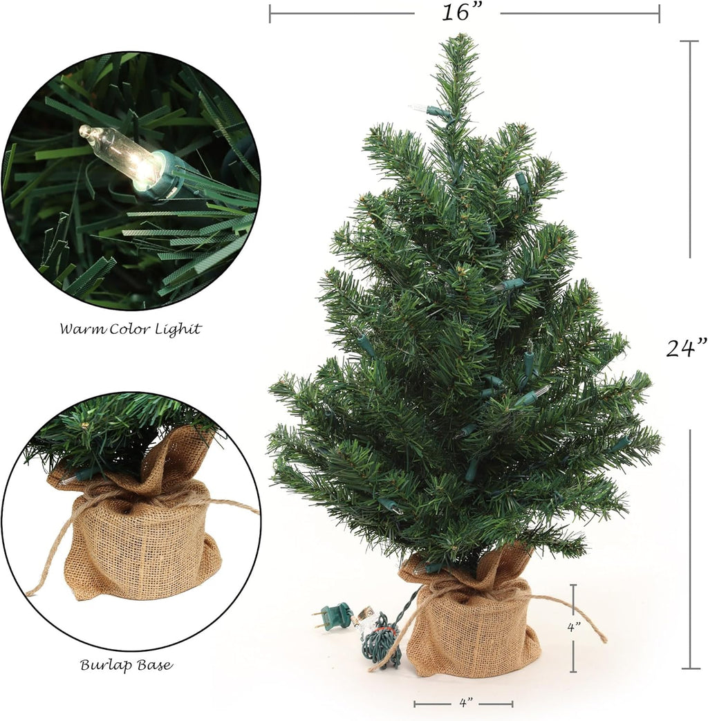 2 ft Pre-Lit Northern Spruce Christmas Tree with Burlap Base Tabletop Décor