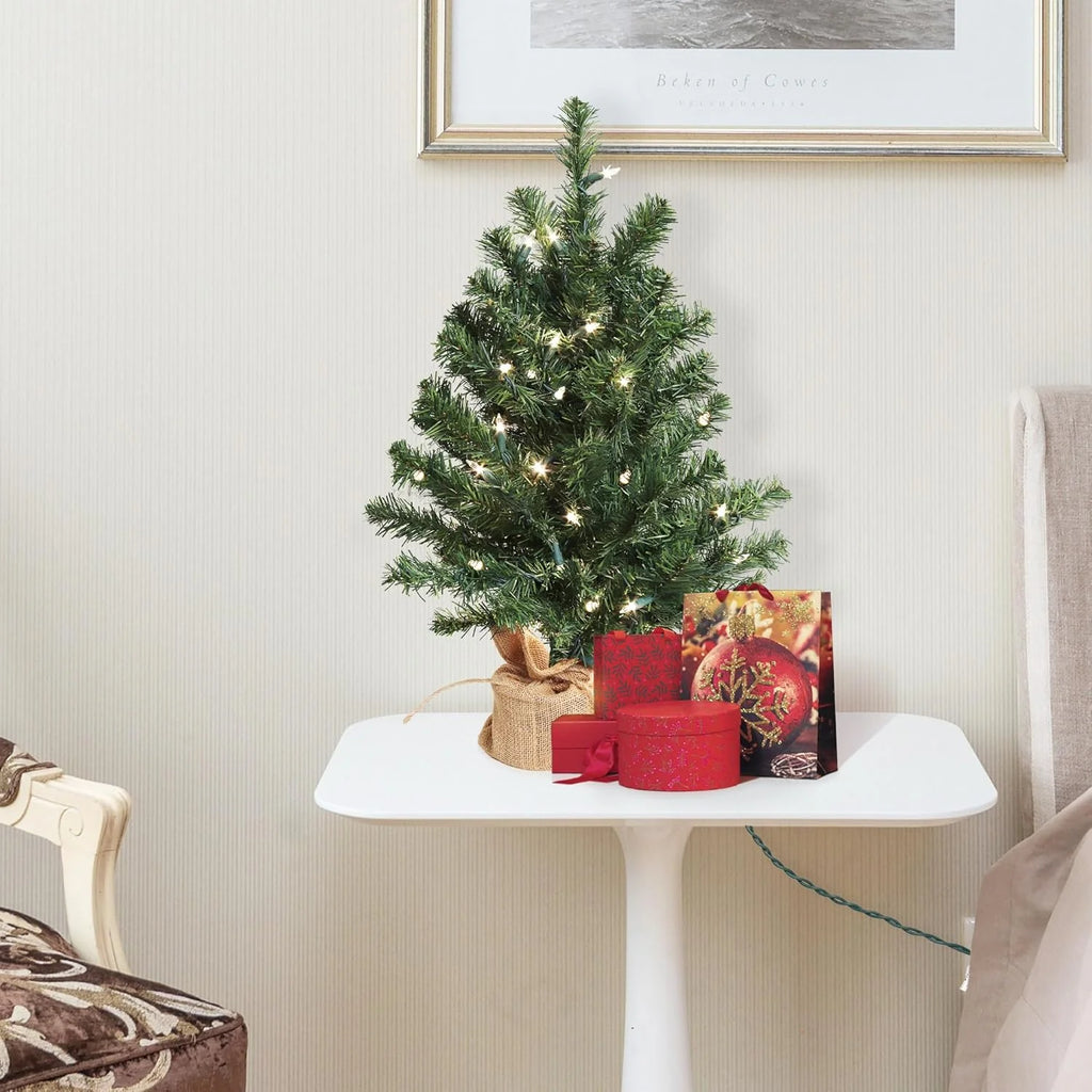 2 ft Pre-Lit Northern Spruce Christmas Tree with Burlap Base Tabletop Décor