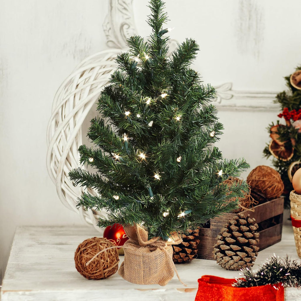 2 ft Pre-Lit Northern Spruce Christmas Tree with Burlap Base Tabletop Décor