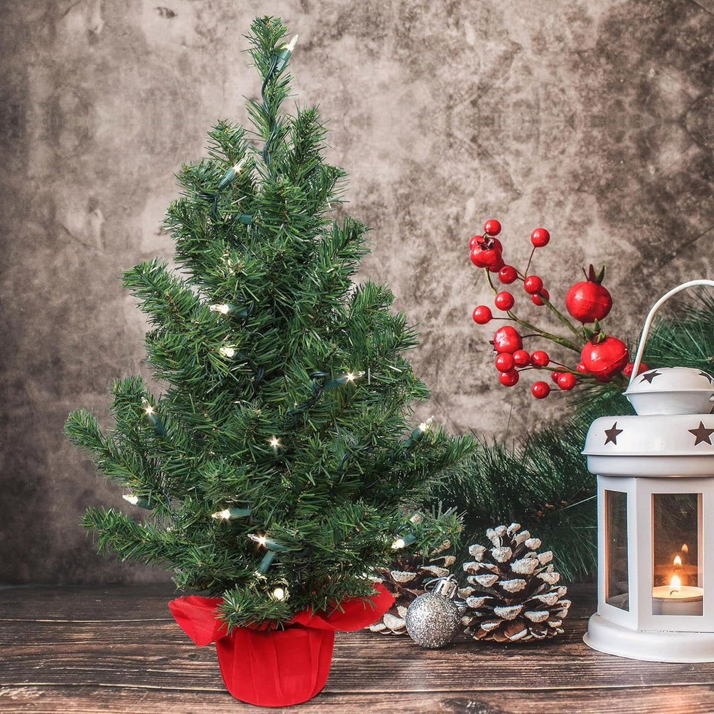 2 ft Pre-Lit Northern Spruce Christmas Tree with Red Cloth Base Tabletop Décor