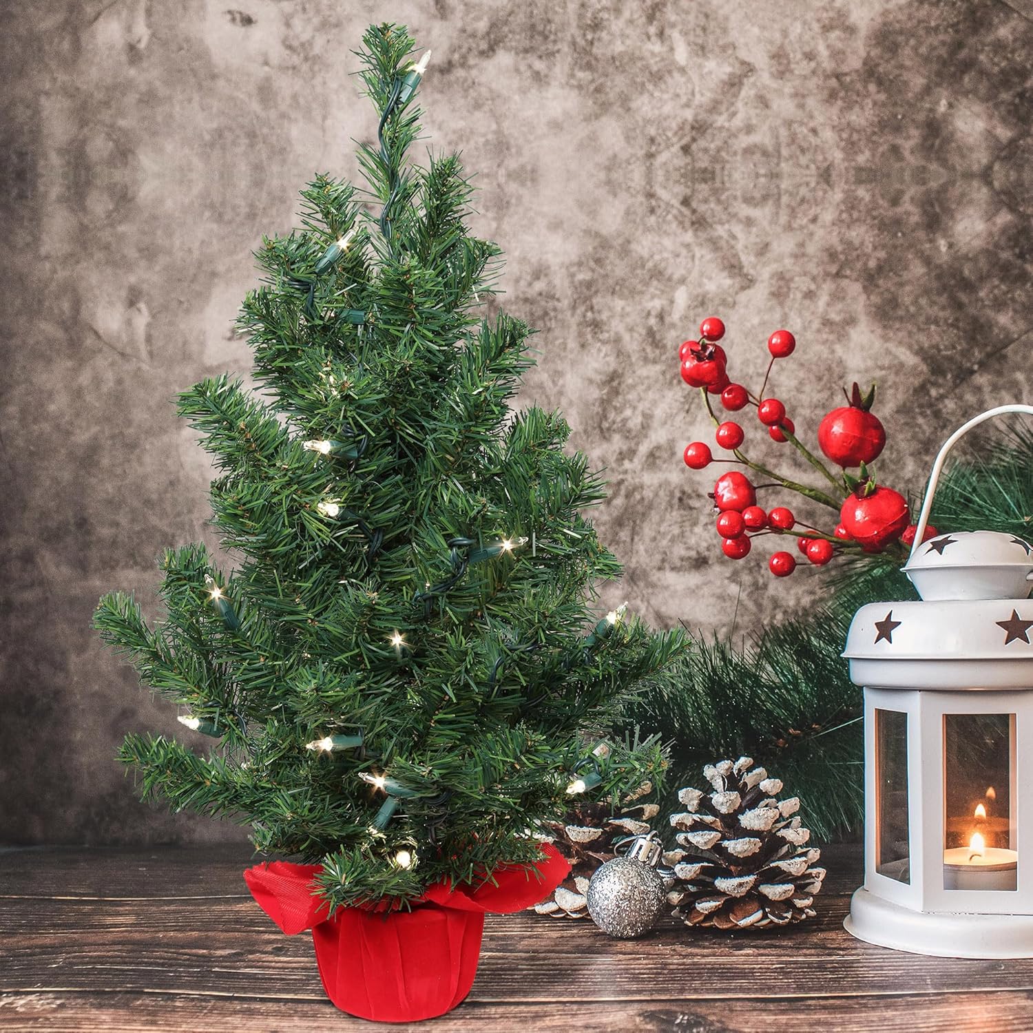 2 ft Pre-Lit Northern Spruce Christmas Tree with Red Cloth Base Tabletop Décor