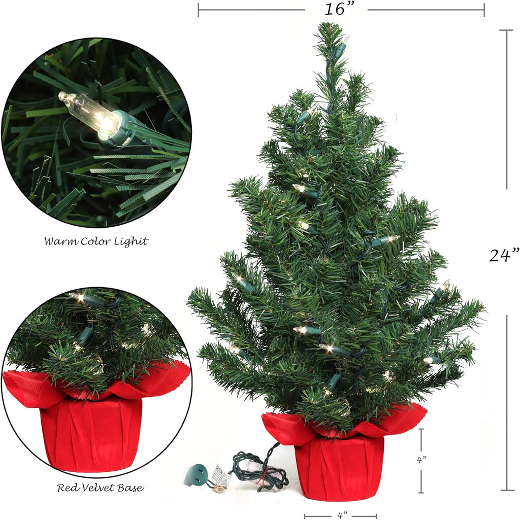 2 ft Pre-Lit Northern Spruce Christmas Tree with Red Cloth Base Tabletop Décor
