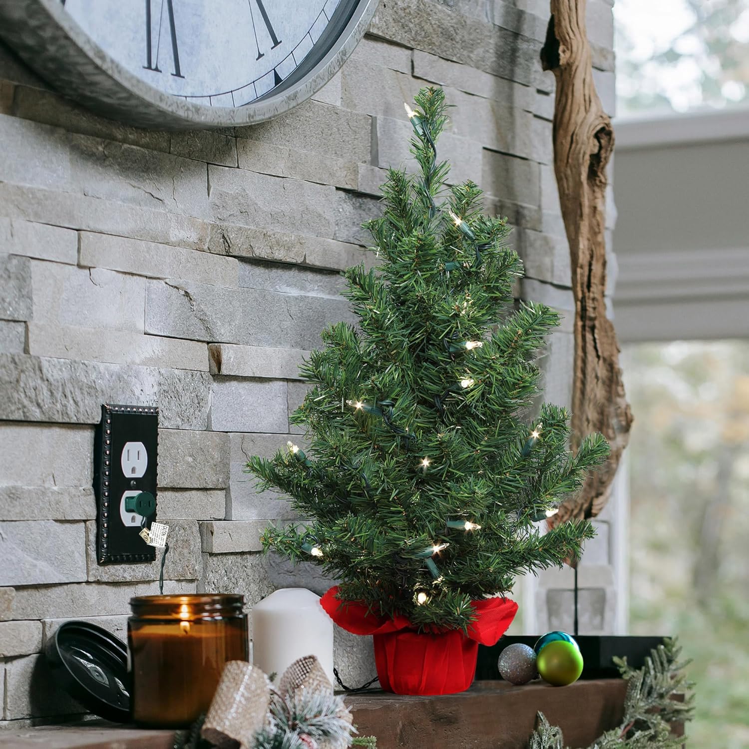 2 ft Pre-Lit Northern Spruce Christmas Tree with Red Cloth Base Tabletop Décor