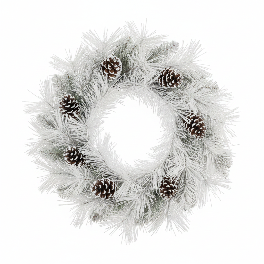 Flocked Faux Pine Wreath with Pine Cones - 24 Inch, Set of 2, white background