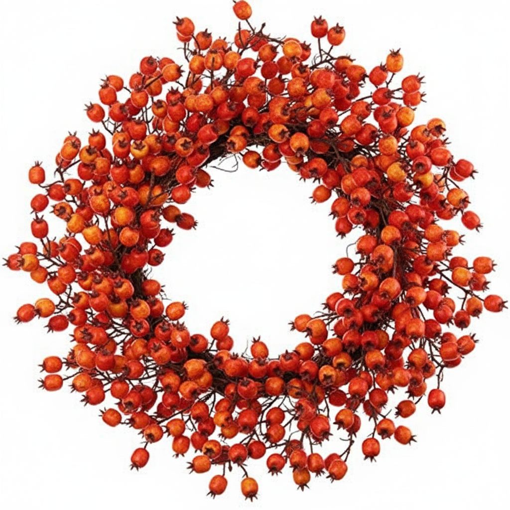 Faux Fall Berry Wreath with Hawthorn and Rosehip - 20 Inch, Orange, white background