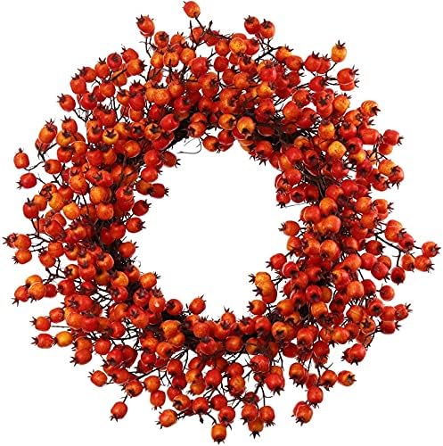 20 Inch Orange Faux Fall Berry Wreath with Hawthorn and Rosehip Autumn Décor