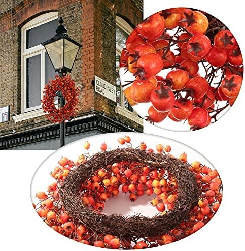 20 Inch Orange Faux Fall Berry Wreath with Hawthorn and Rosehip Autumn Décor