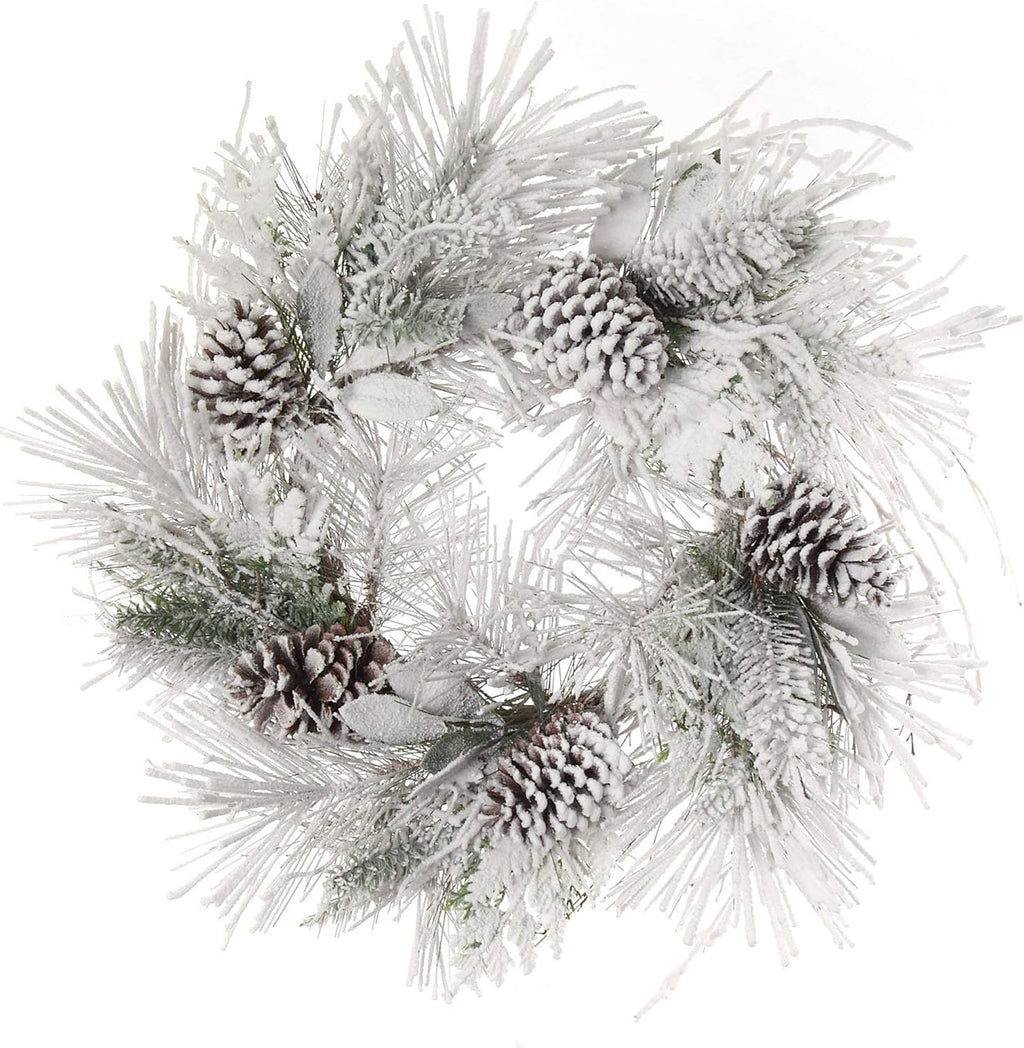 Flocked Faux Pine Wreath with Brown Pine Cones 24 Inch Set of 2 Holiday Decor